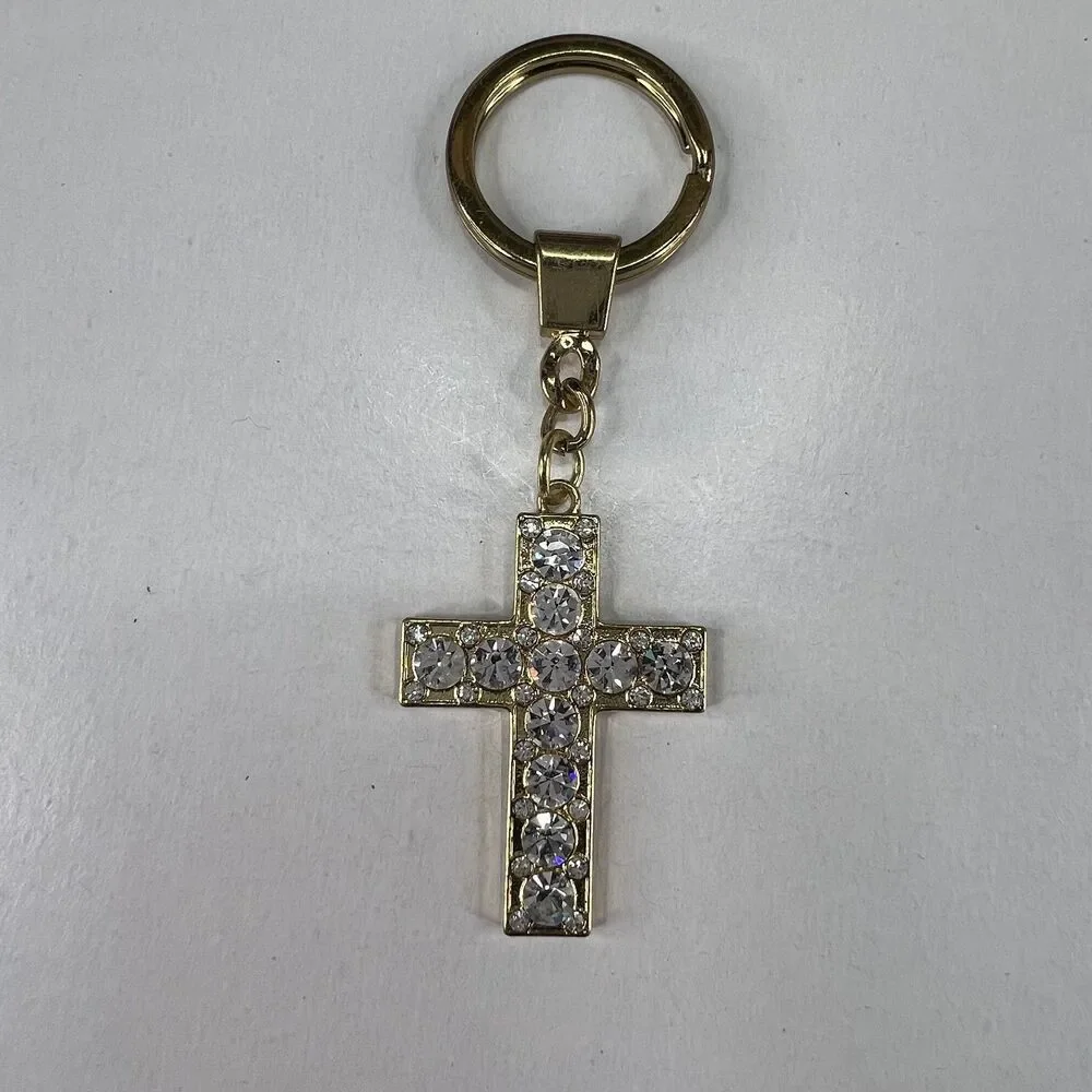 Gemstone Gold Cross Religious Christian Catholic Keychain Keyring 1.75